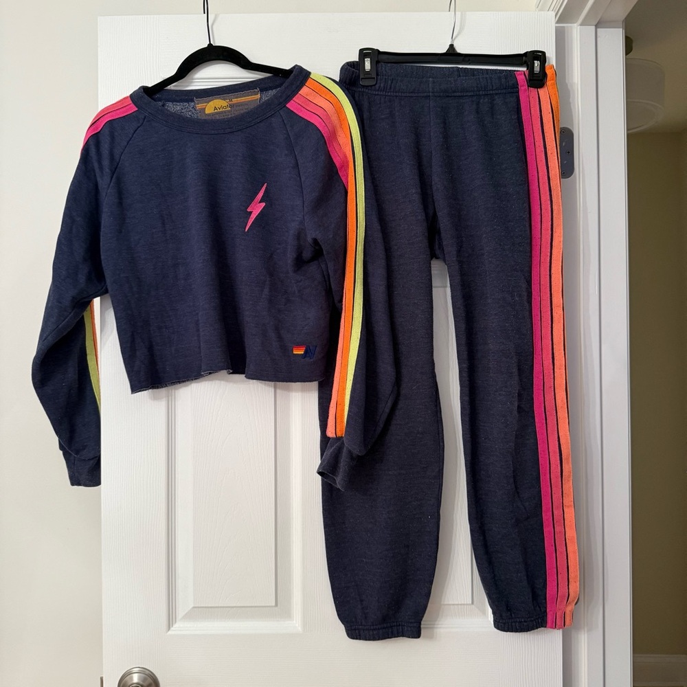 Aviator Nation Bolt Cropped Classic Crewneck & Stripe Sweatpants Set Navy - Picture 4 of 9